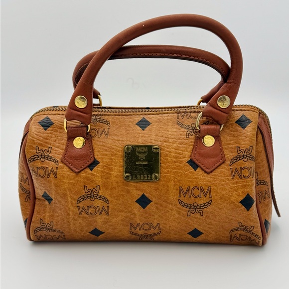 MCM Handbags - MCM Tan Leather Small Boston Bag in Visetos